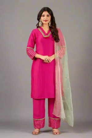 Hot Pink Straight Art Silk Kurta Set with Trousers and Dupatta