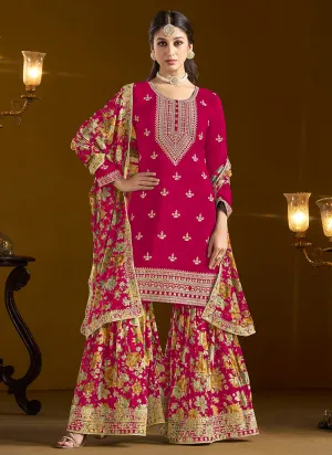 Hot Pink Traditional Embroidery Gharara Style Suit