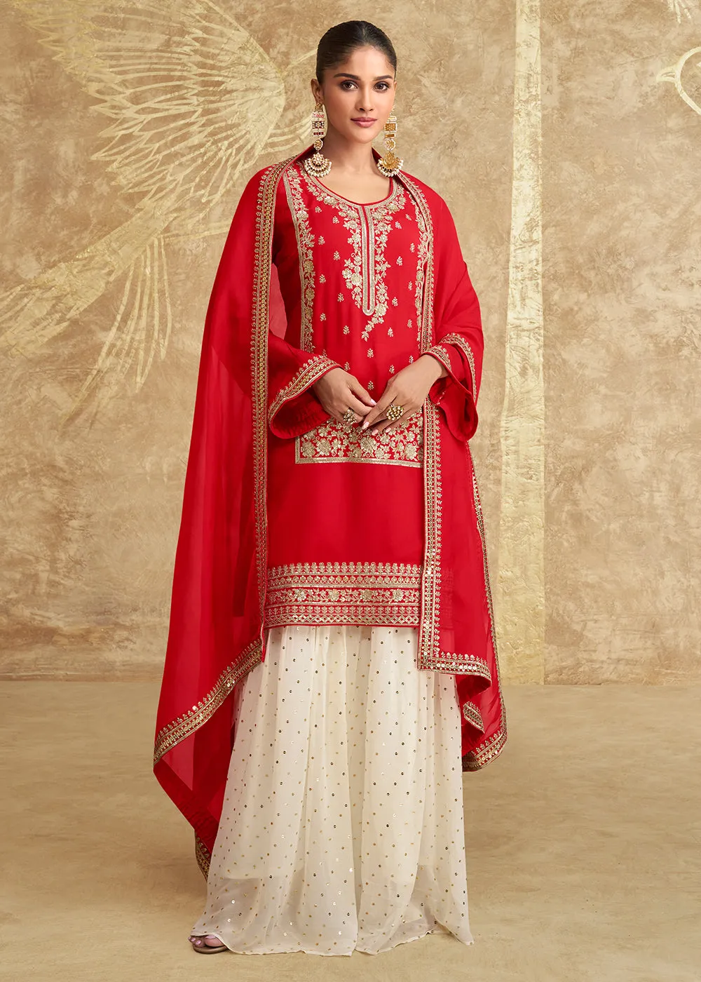 Hot Red Embroidered Chinnon Silk Sharara Suit