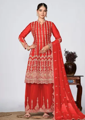 Hot Red Heavy Chinnon Embroidered Festive Palazzo Suit