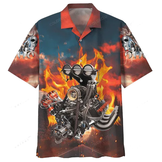 Hot Rod Hawaiian Shirt Hot Rod Engine Fire Red Blue Brown Hawaii Aloha Shirt