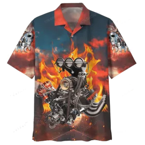 Hot Rod Hawaiian Shirt Hot Rod Engine Fire Red Blue Brown Hawaii Aloha Shirt