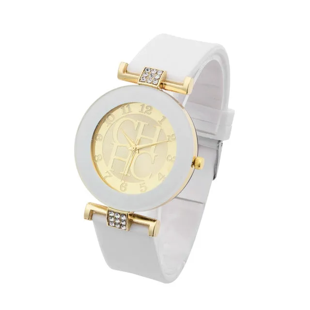 Hot sale Fashion Brand Gold Geneva sport Quartz Watch Women dress casual Crystal Silicone Watches montre homme relojes hombre