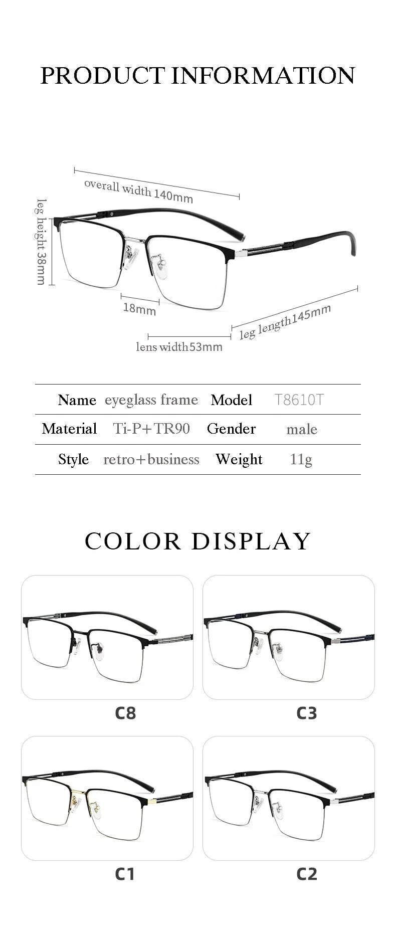 Hotochki Men's Full Rim Square Tr 90 Titanium Frame Eyeglasses T8610t