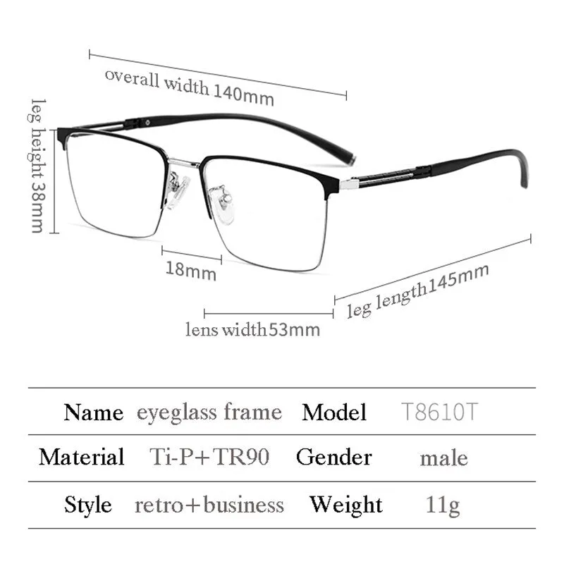 Hotochki Men's Full Rim Square Tr 90 Titanium Frame Eyeglasses T8610t