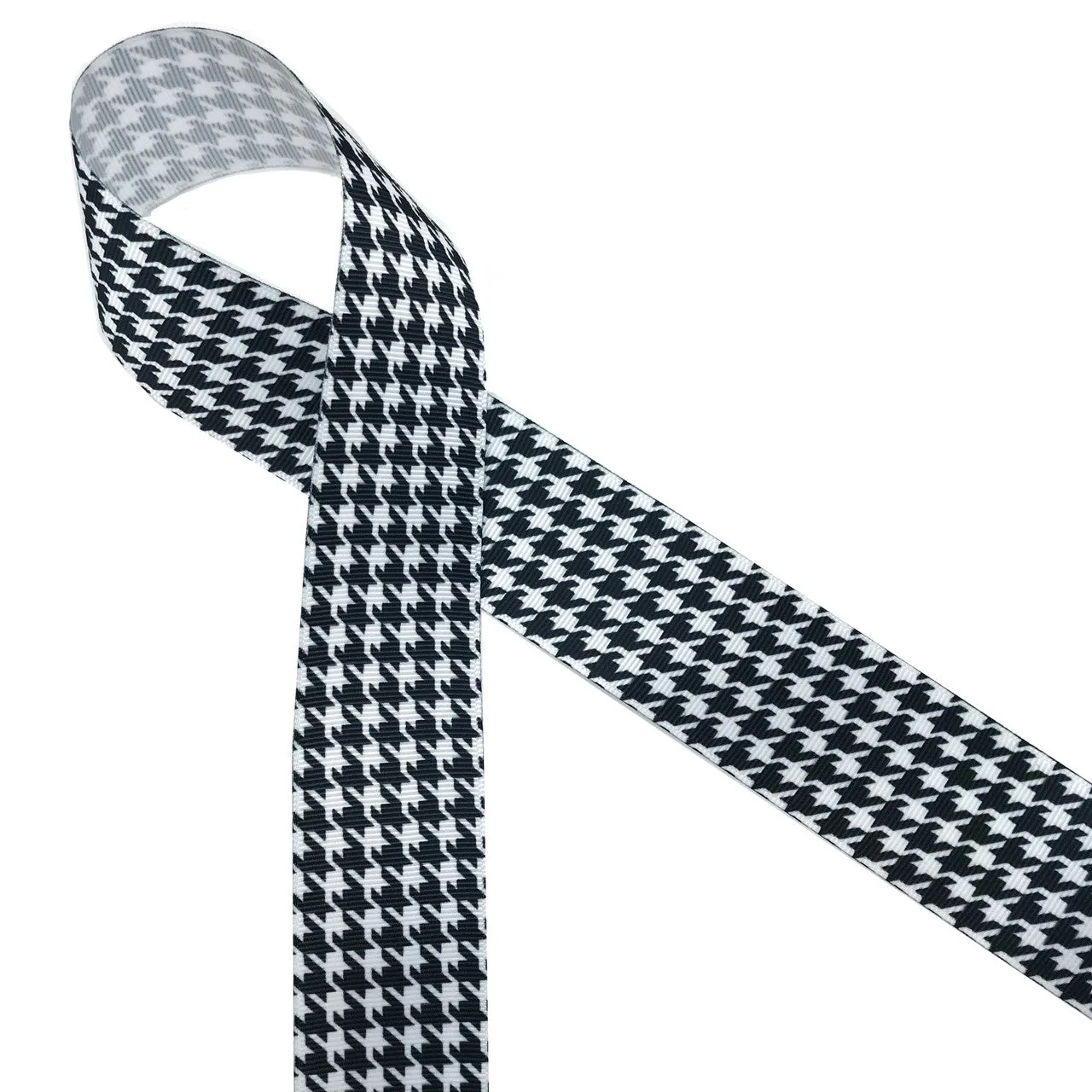 Houndstooth check ribbon in black on 1.5" white grosgrain