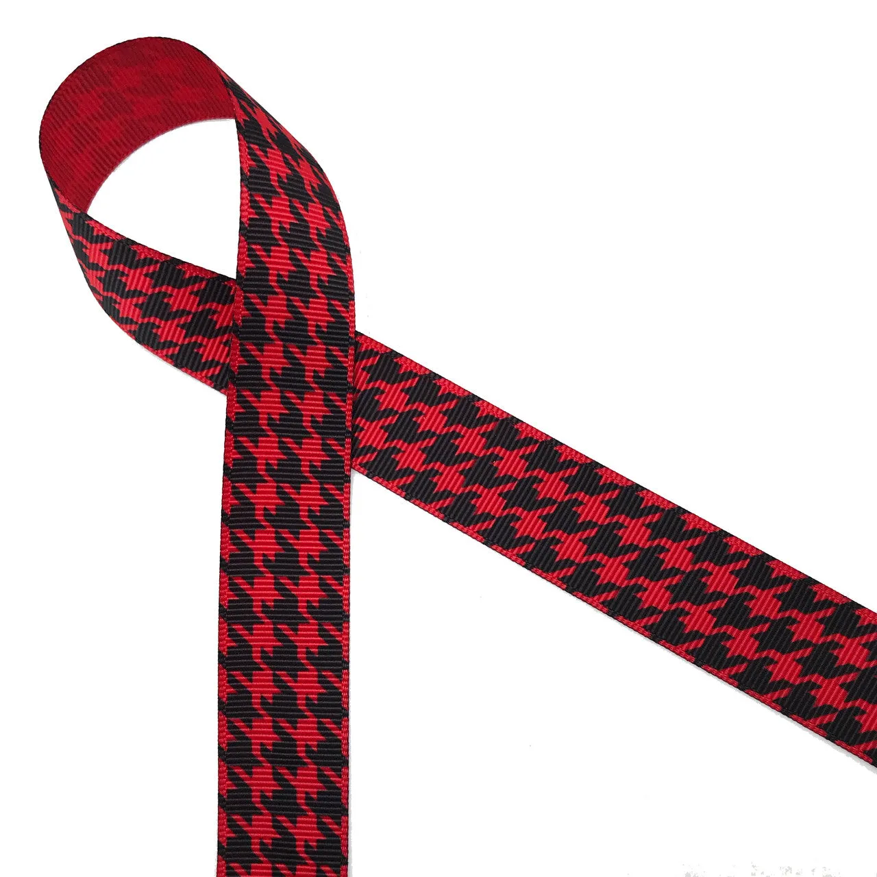 Houndstooth check ribbon in black on 7/8"red grosgrain