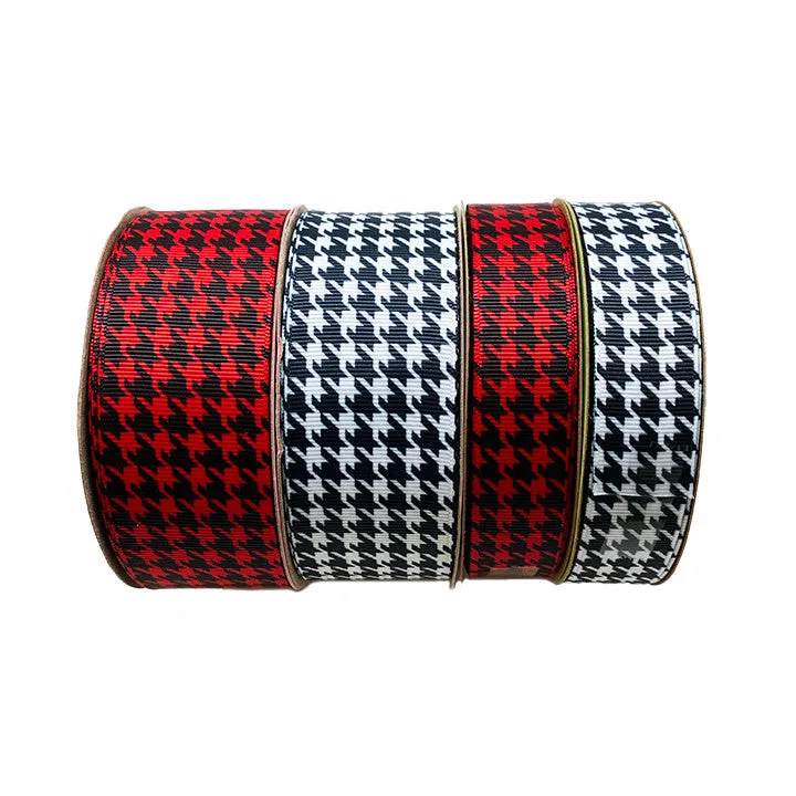 Houndstooth check ribbon in black on 7/8"red grosgrain