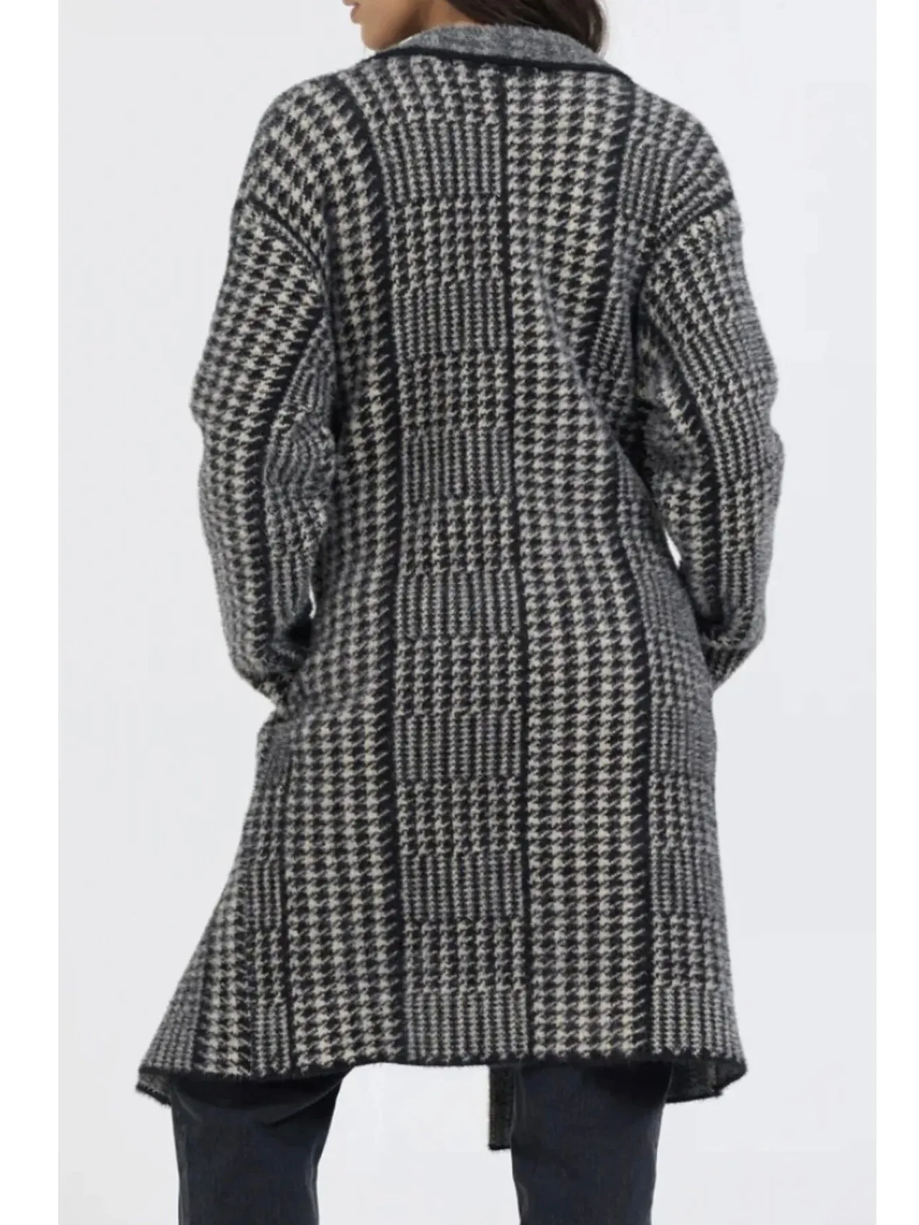 Houndstooth Long Furry Knit Coat