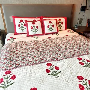 House of Harman Hand Quilted Mulmul Cotton Reversible Quilt I Hand Block Printed I Natural Vegetable Dyes (Red Wildpoppy Fields Quilt) (Pair of Singles- 60 * 90 inches)