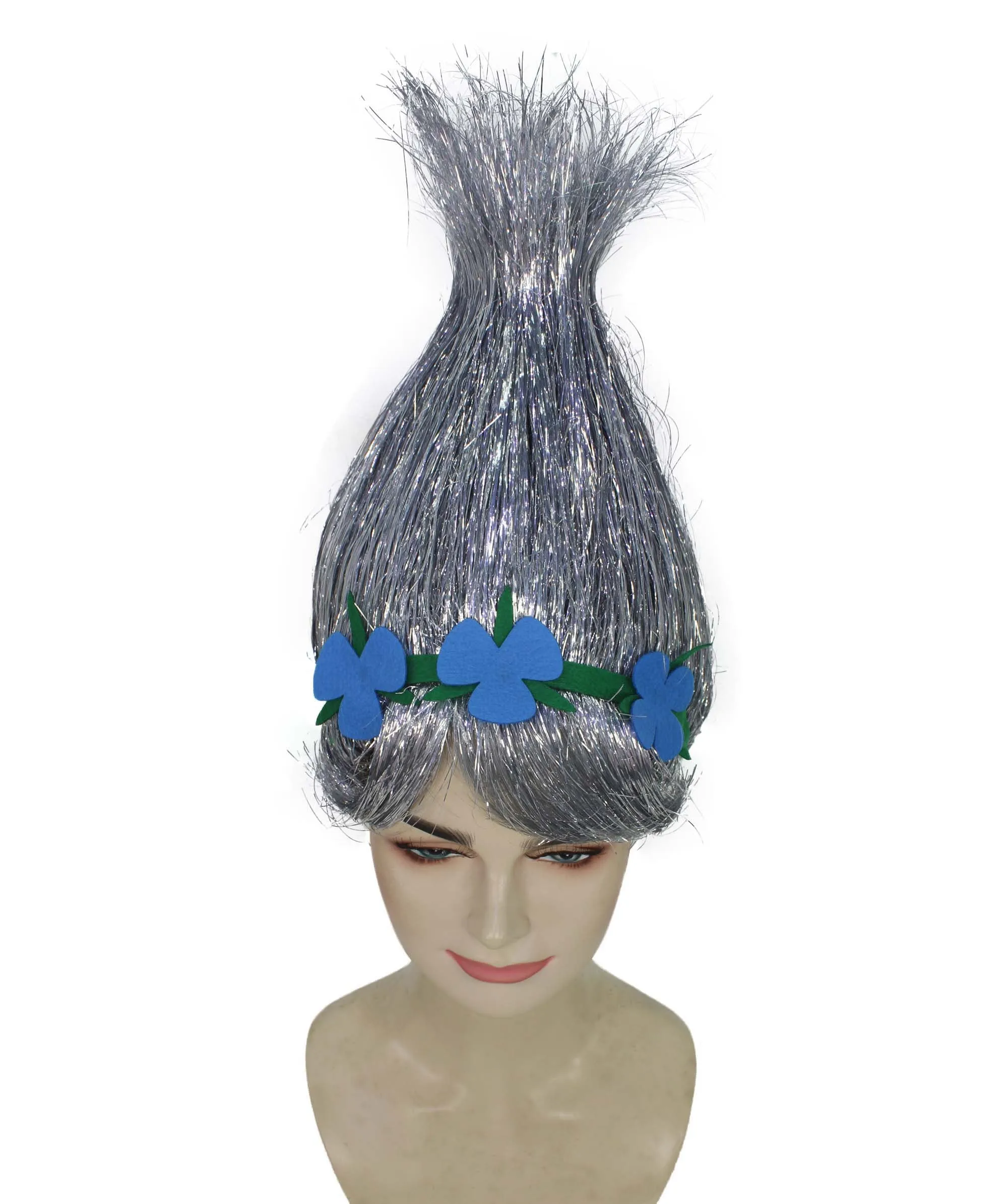 HPO Adult Animated Movie Character Spike Tinsel Troll Wig With Flower I Multiple Color, Cosplay Wig I Tinsel Material