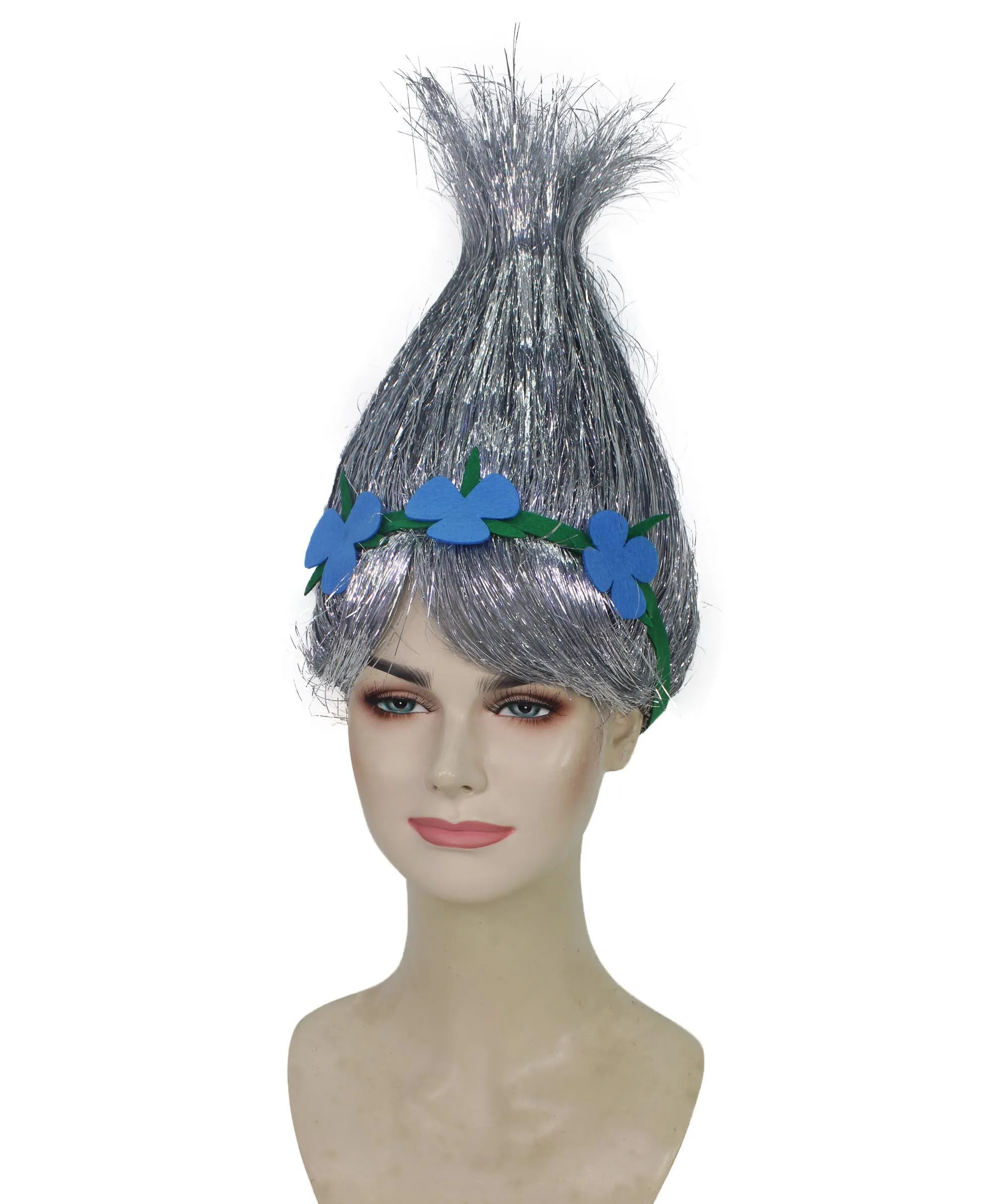 HPO Adult Animated Movie Character Spike Tinsel Troll Wig With Flower I Multiple Color, Cosplay Wig I Tinsel Material