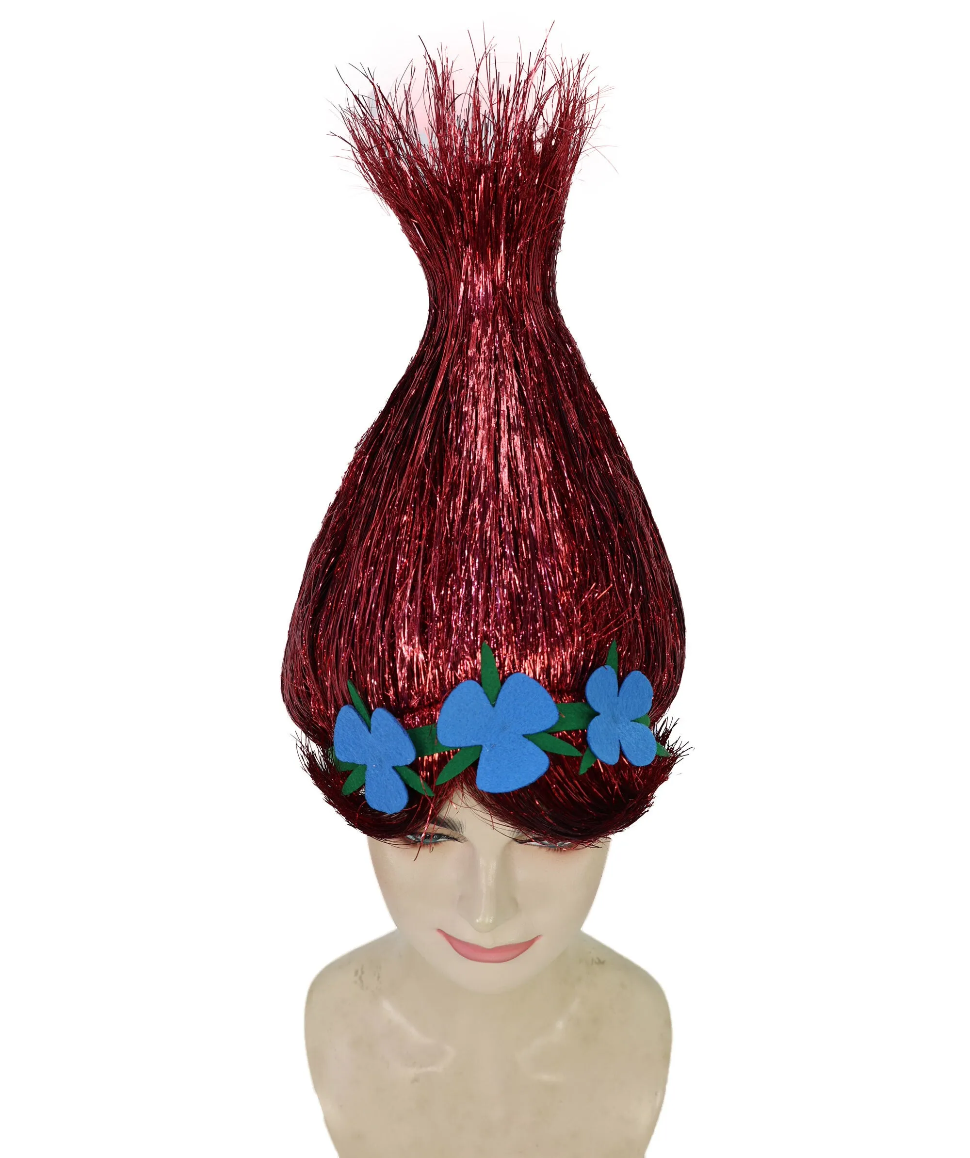 HPO Adult Animated Movie Character Spike Tinsel Troll Wig With Flower I Multiple Color, Cosplay Wig I Tinsel Material