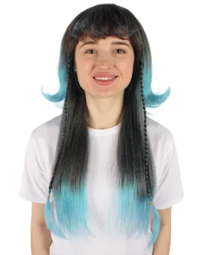 HPO Adult Women's Multicolor Long Layered Blue Gradient Wig with Bangs, Flame-retardant Synthetic Fiber