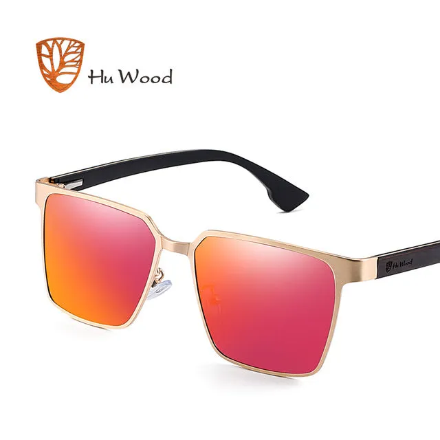 Hu Wood Brand Men's Square Metal Frame Sunglasses Spring Wood Temple With Polarized Lenses 4 Colors Gr8037