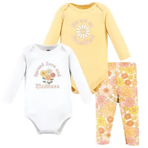 Hudson Baby Cotton Bodysuit and Pant Set, Peace Love Flowers Long Sleeve