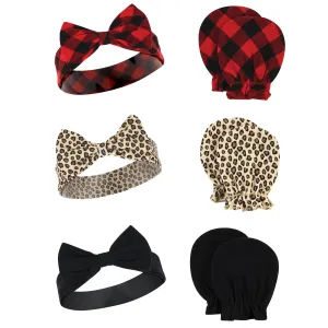 Hudson Baby Cotton Headband and Scratch Mitten Set, Buffalo Plaid Leopard