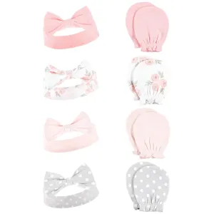 Hudson Baby Cotton Headband and Scratch Mitten Set, Pink Gray Floral 8-Piece