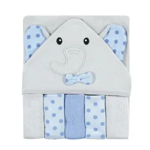 Hudson Baby Hooded Towel and Five Washcloths, Blue Dots Gray Elephant