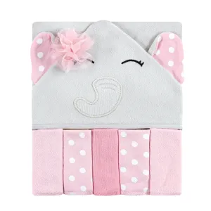 Hudson Baby Hooded Towel and Five Washcloths, White Dots Pretty Elephant