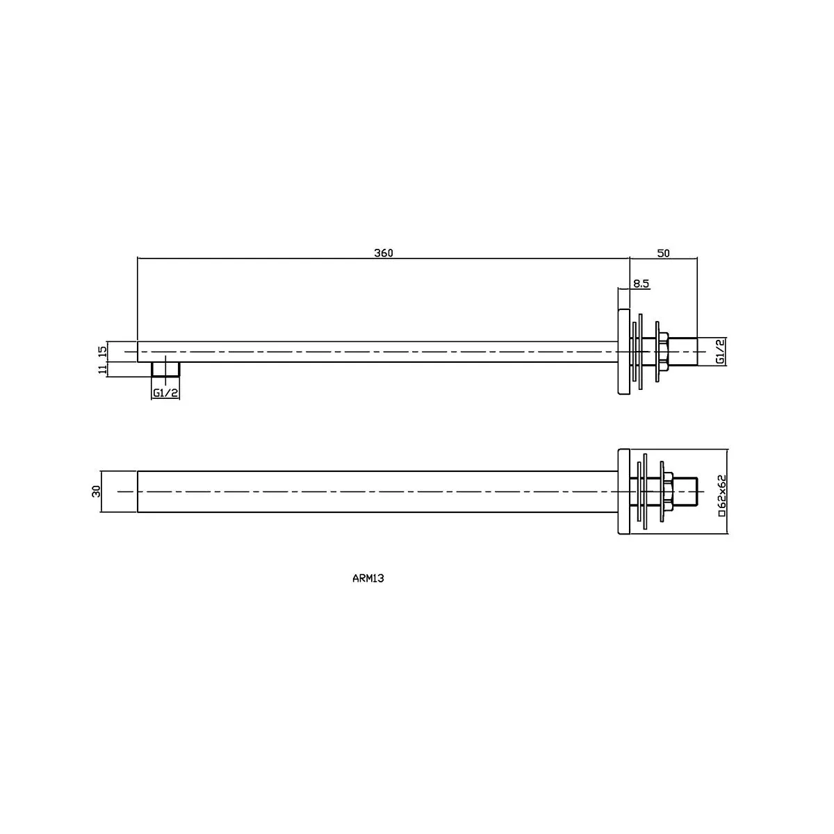 Hudson Reed Ceiling Small Rectangular Fixed Shower Arm - Matte Black