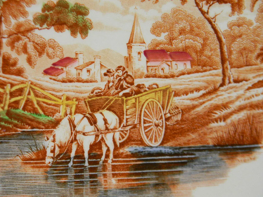 HUGE 21.5" Vintage Brown Transferware Platter Woods English Scenery Horse & Cart Farmhouse Roses