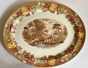 HUGE 21.5" Vintage Brown Transferware Platter Woods English Scenery Horse & Cart Farmhouse Roses