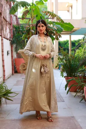 Huma Adnan - Soneri - White and Gold - Jamawar & Embroided Chiffon - 2 Piece