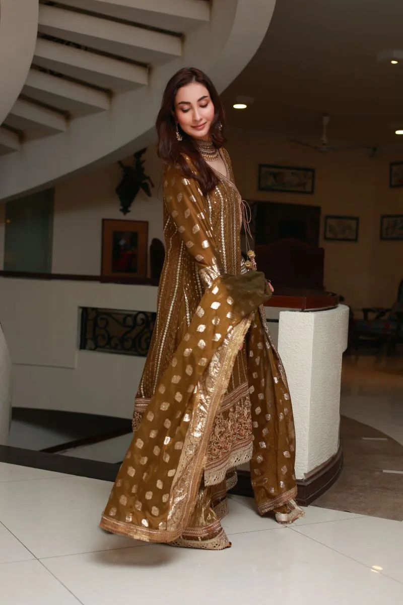 Huma Adnan - Vanya - Rust Brown - Chiffon and Crushed Masoori - 3 Piece