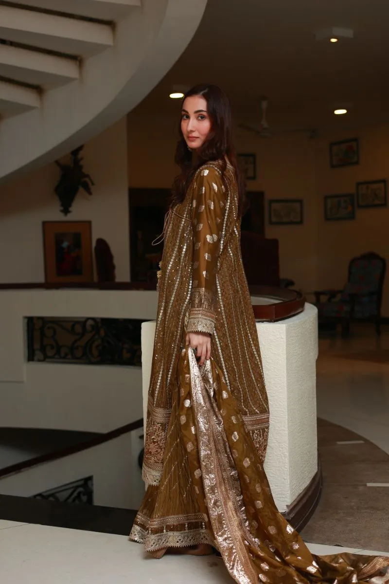 Huma Adnan - Vanya - Rust Brown - Chiffon and Crushed Masoori - 3 Piece