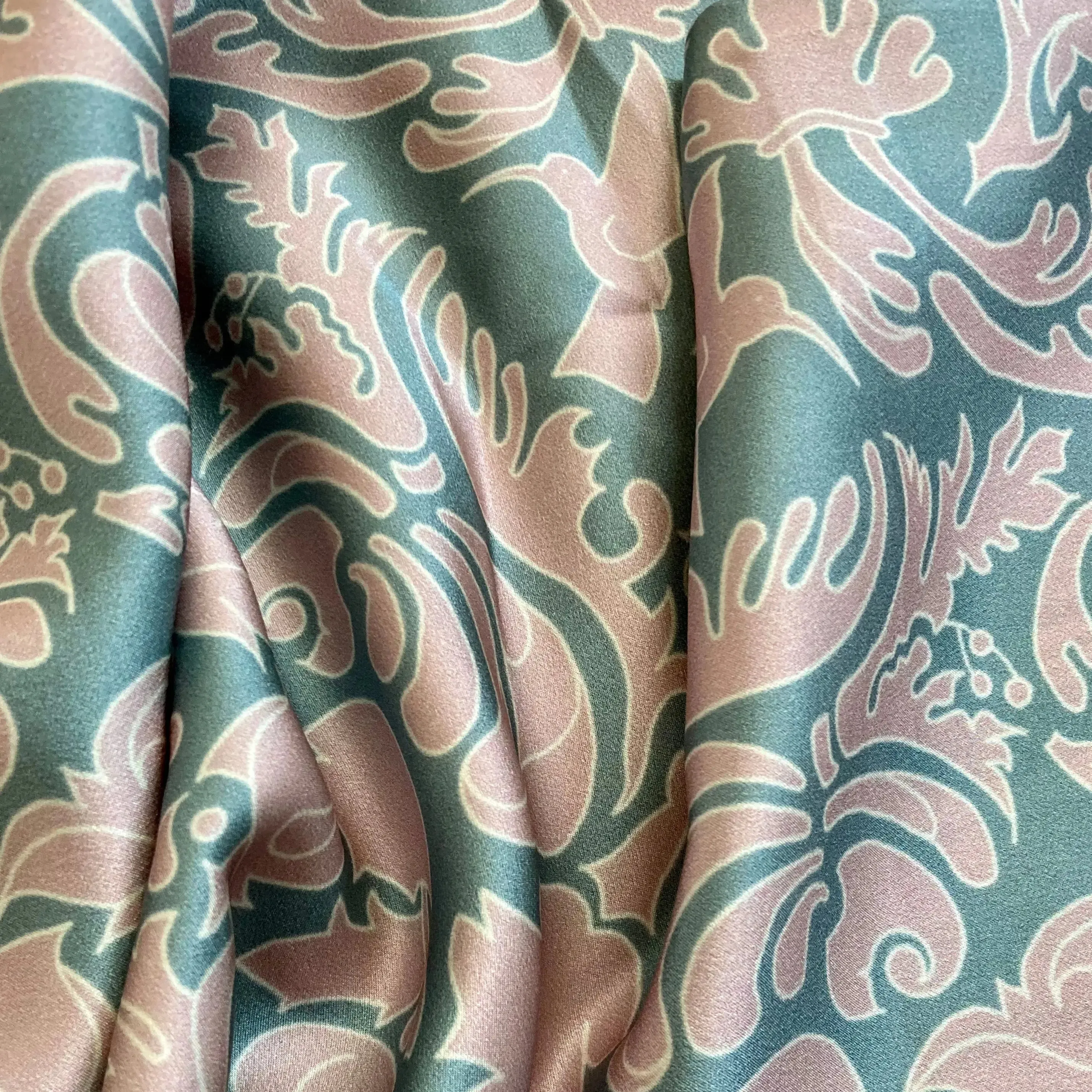 Hummingbird Damask in Pink and Sage Green Silk Pillowcase