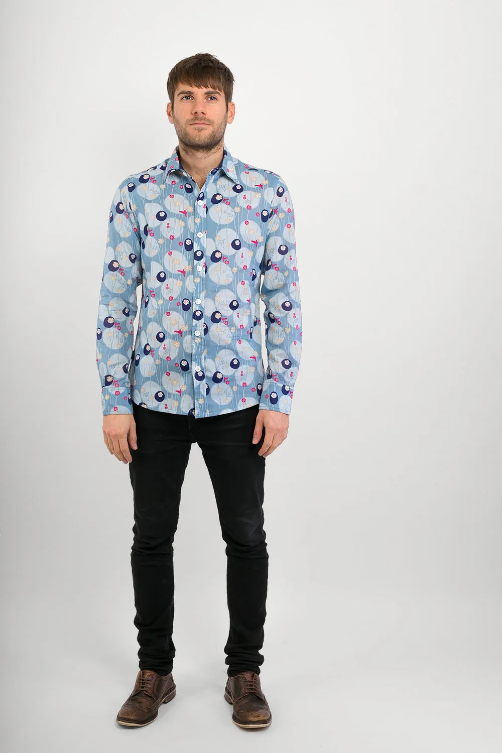 Hummingbirds Print Cotton Slim Fit Mens Shirt Long Sleeve