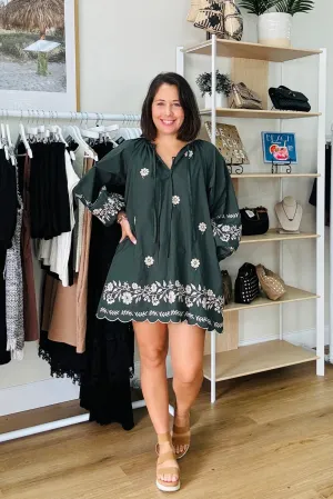 Hunter Green Embroidered Long Sleeve Peasant Mini Dress