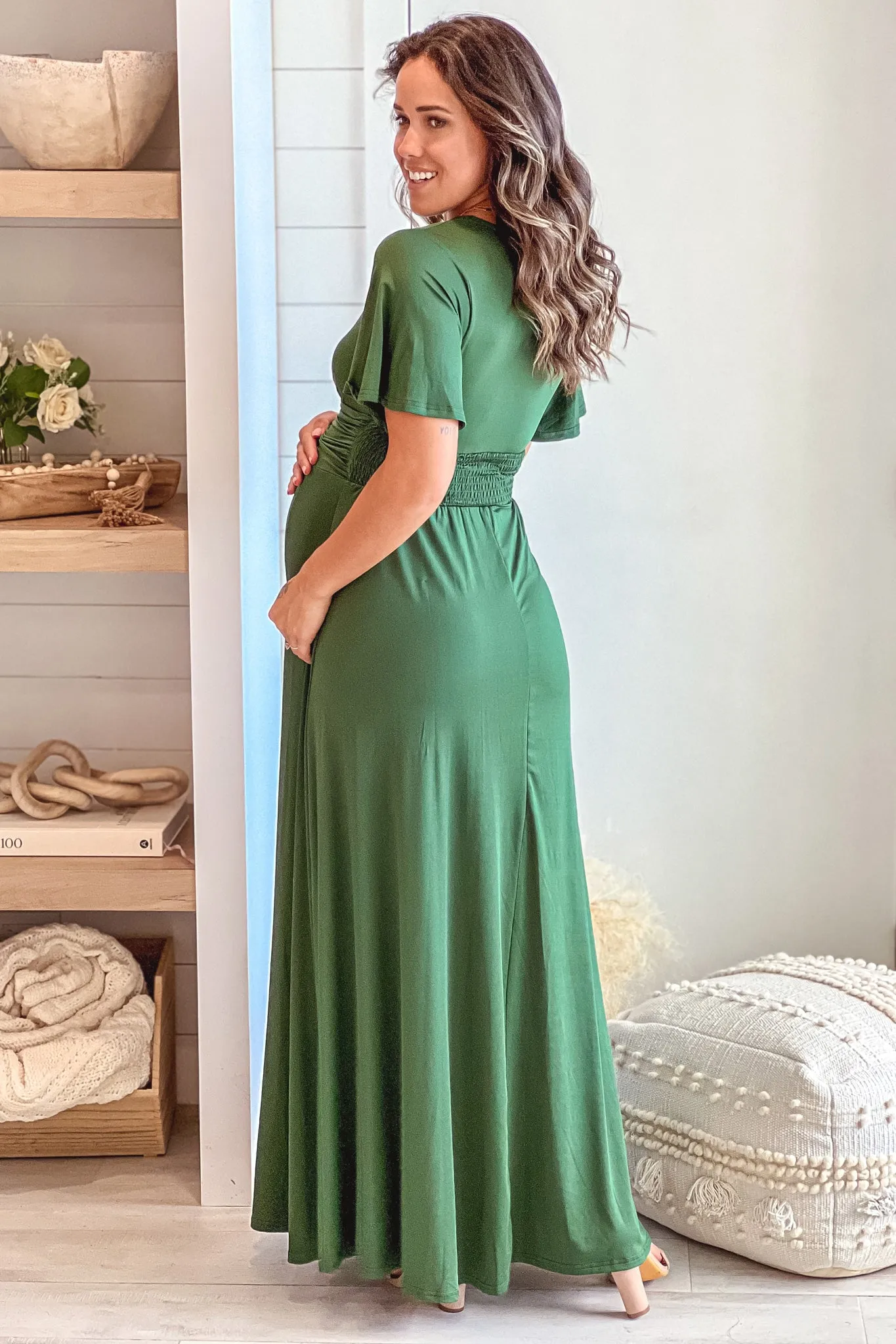 Hunter Green Maternity Maxi Dress with Slit and Short Sleeves