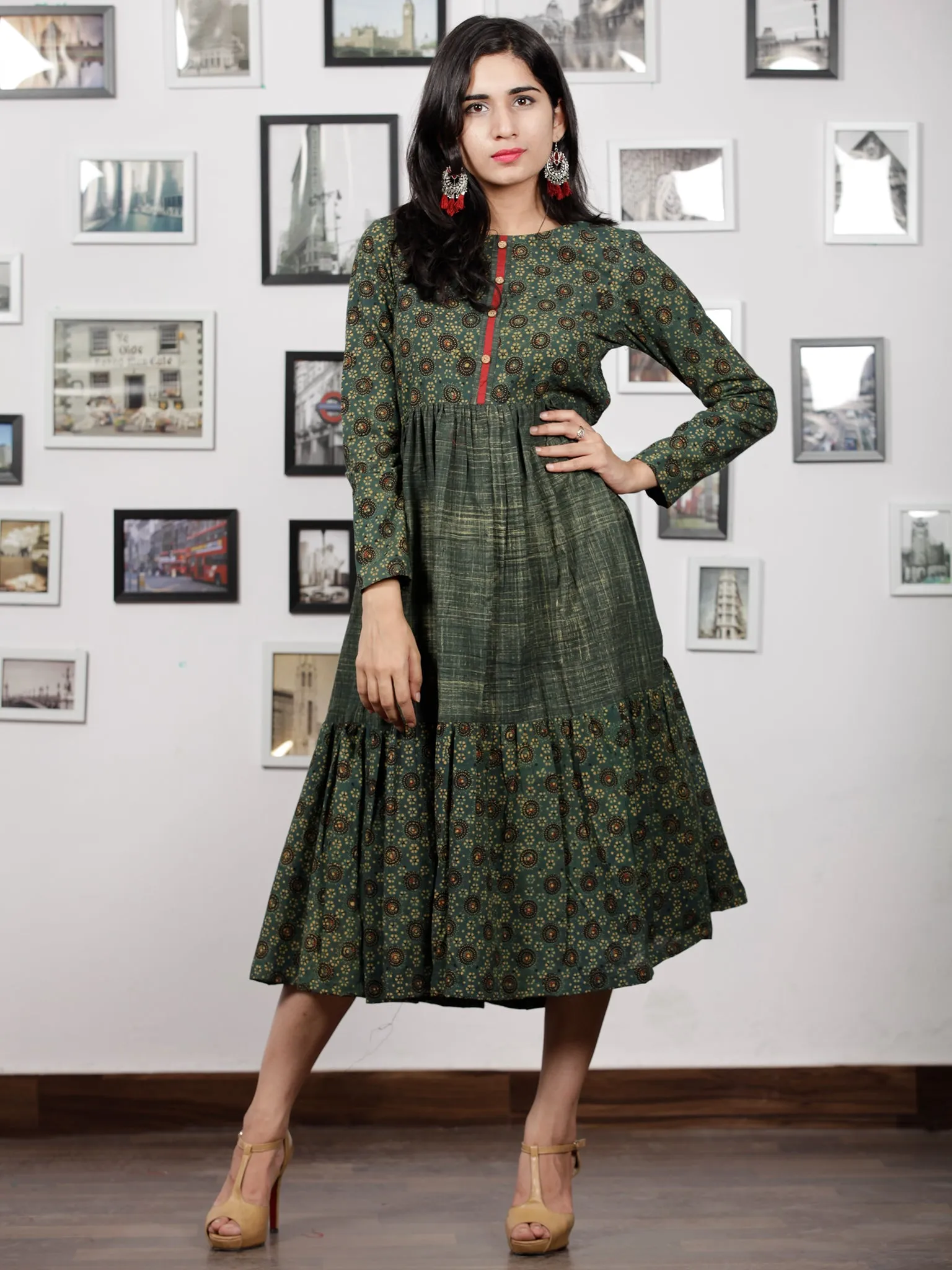 Hunter Green Mustard Black Hand Printed Ajrakh Cotton Tier Dress - D303F1515