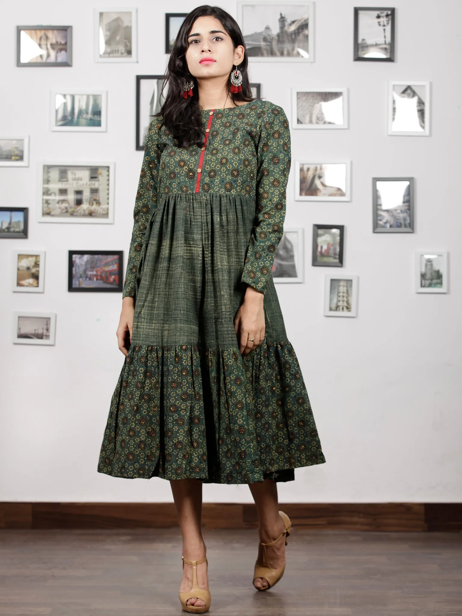 Hunter Green Mustard Black Hand Printed Ajrakh Cotton Tier Dress - D303F1515