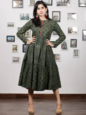 Hunter Green Mustard Black Hand Printed Ajrakh Cotton Tier Dress - D303F1515