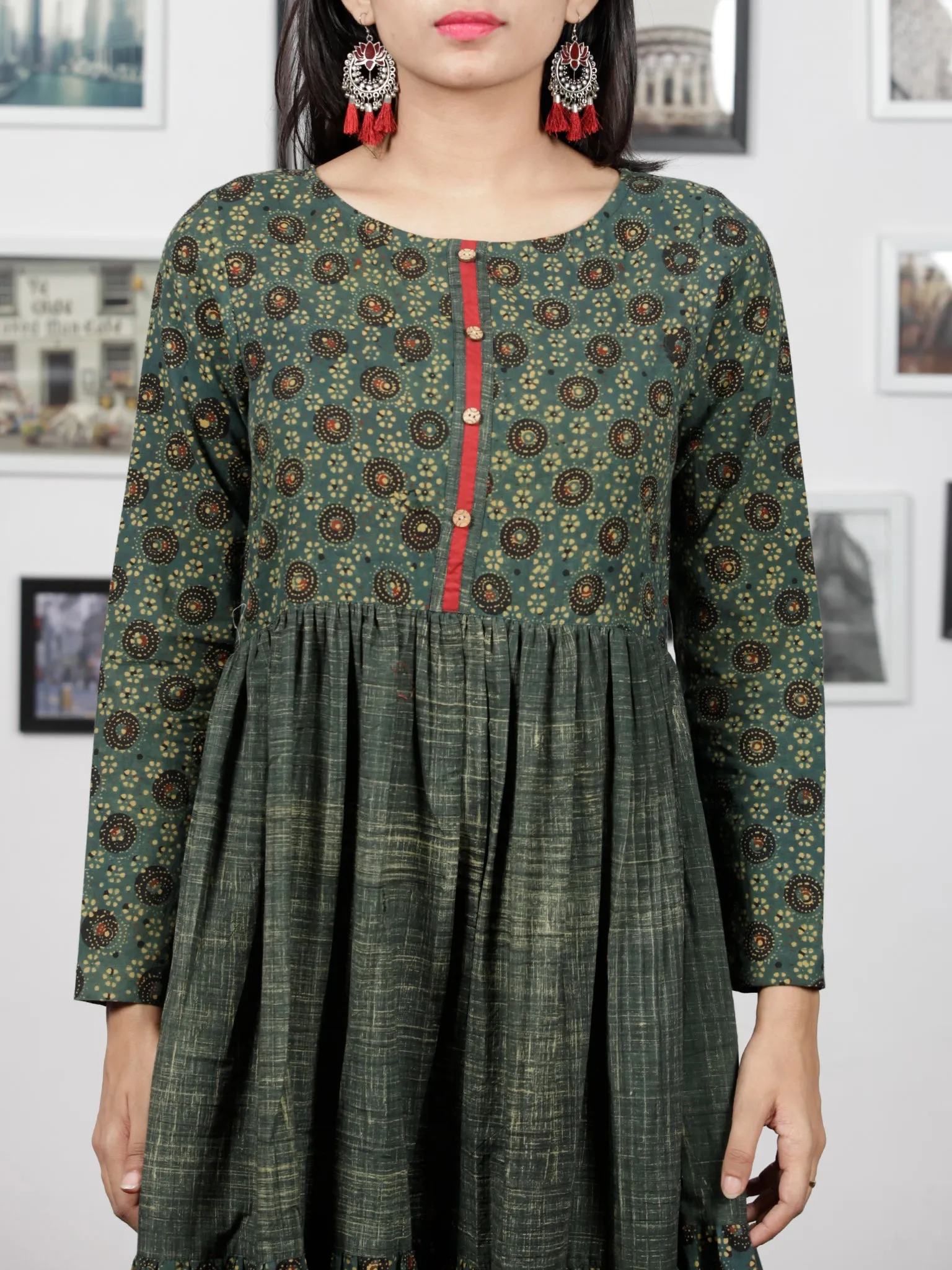 Hunter Green Mustard Black Hand Printed Ajrakh Cotton Tier Dress - D303F1515