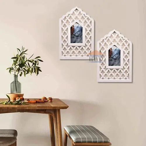 HWD White Painted Wall Hanging Jharokha Inside Mirror, Wooden Wall Hanging, Wooden Wall Panel 16" x 10" Rectangular(Framed) Jharokha