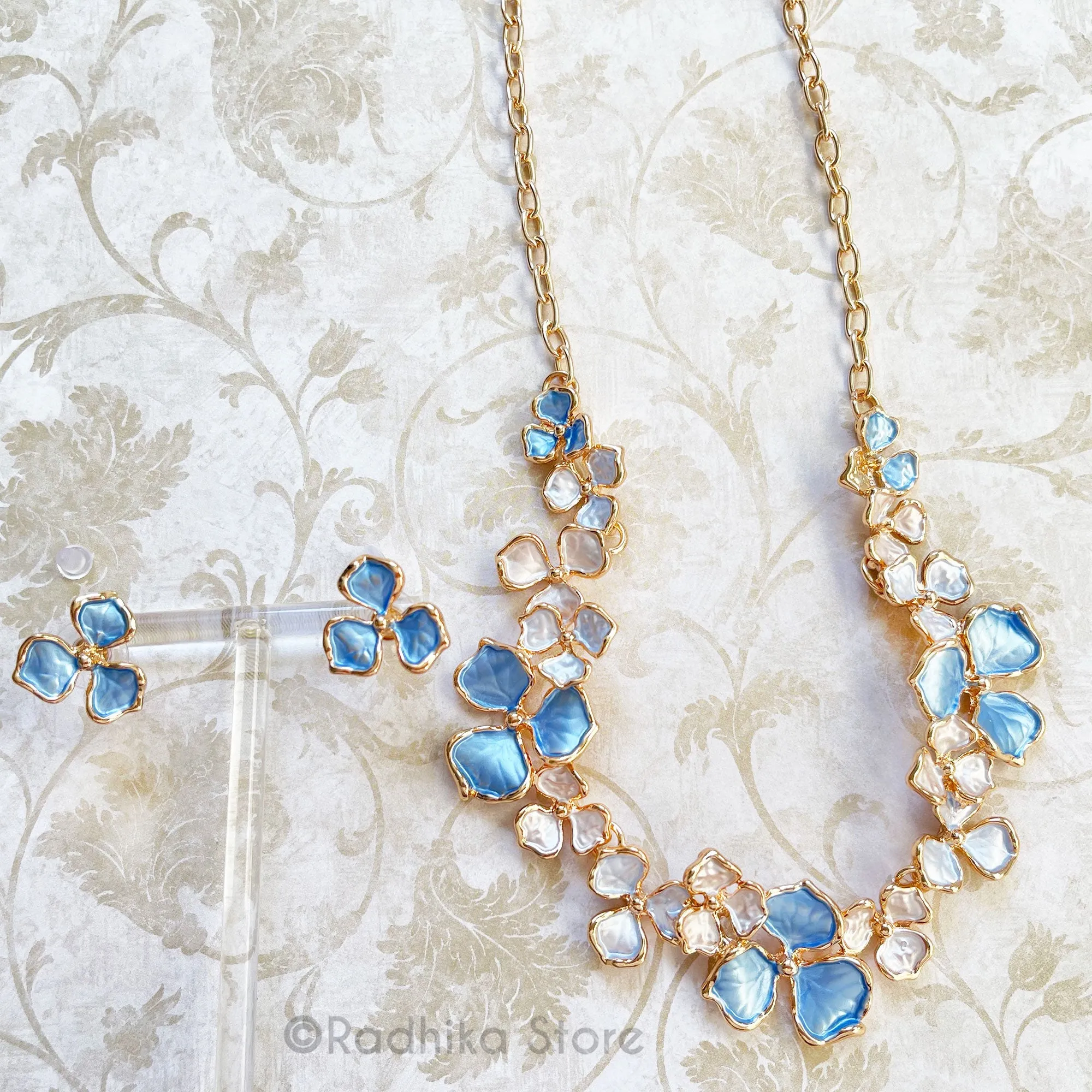 Hydrangea Flowers - Deity Necklace and Earrings Set - With Gold Color