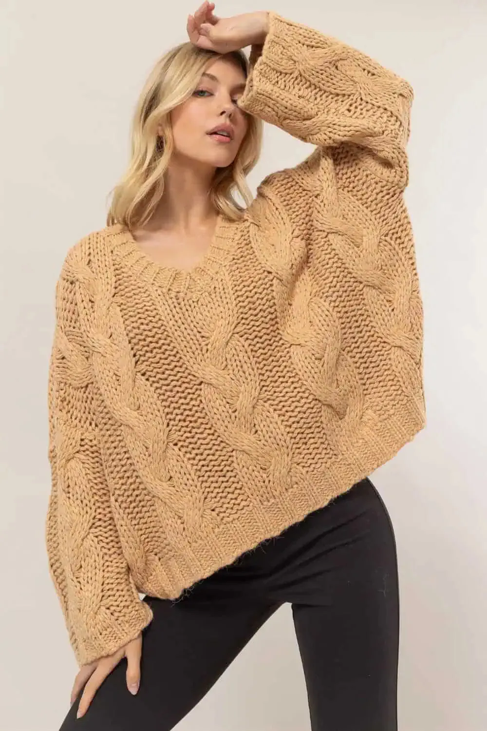 HYFVE Taupe Cable Knit V-Neck Sweater