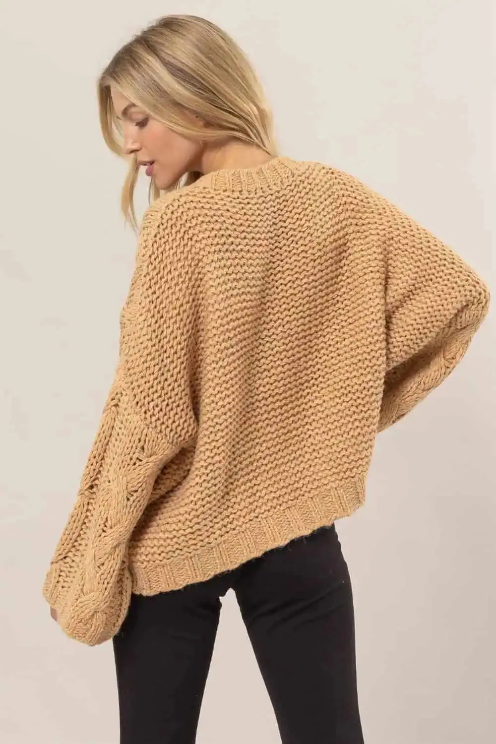 HYFVE Taupe Cable Knit V-Neck Sweater