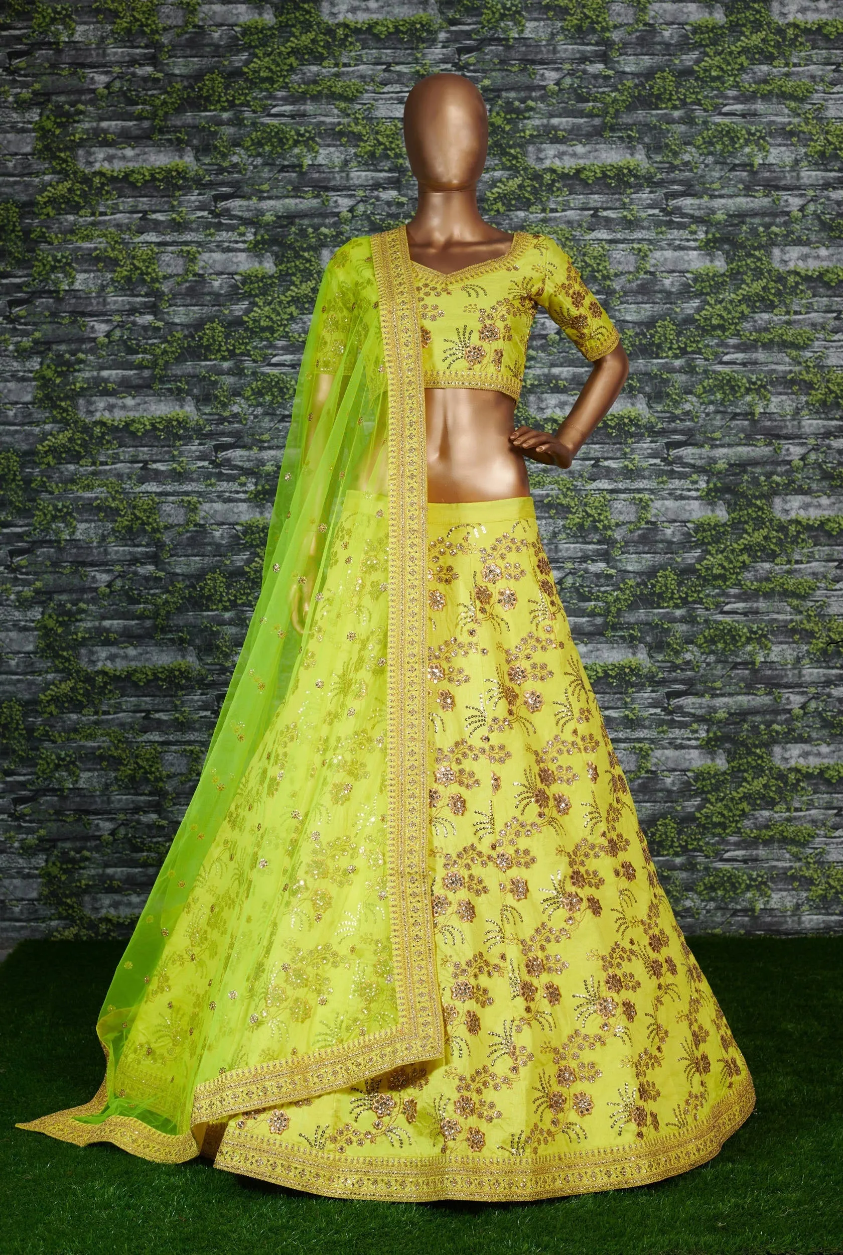 Hypnotic Neon Colored Wedding Wear Embroidered Satin Lehenga Choli