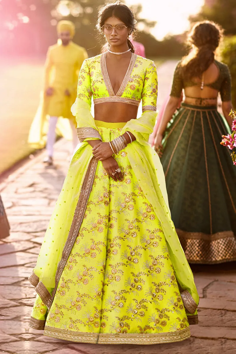 Hypnotic Neon Colored Wedding Wear Embroidered Satin Lehenga Choli