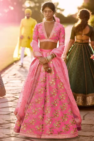 Hypnotic Pink Colored Wedding Wear Embroidered Satin Lehenga Choli