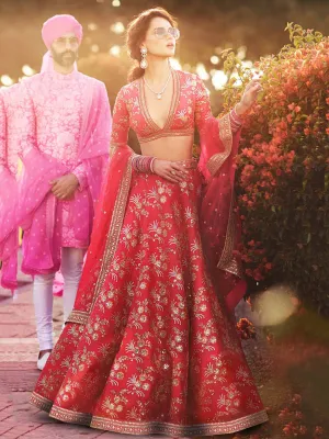 Hypnotic Red Colored Wedding Wear Embroidered Satin Lehenga Choli