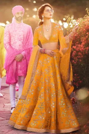 Hypnotic Yellow Colored Wedding Wear Embroidered Satin Lehenga Choli