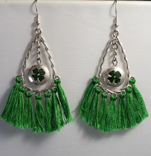 Hypoallergenic Silver Tone Metal Earrings with Green 4 Leaf Clover & Tassels on Fish Hook Earrings