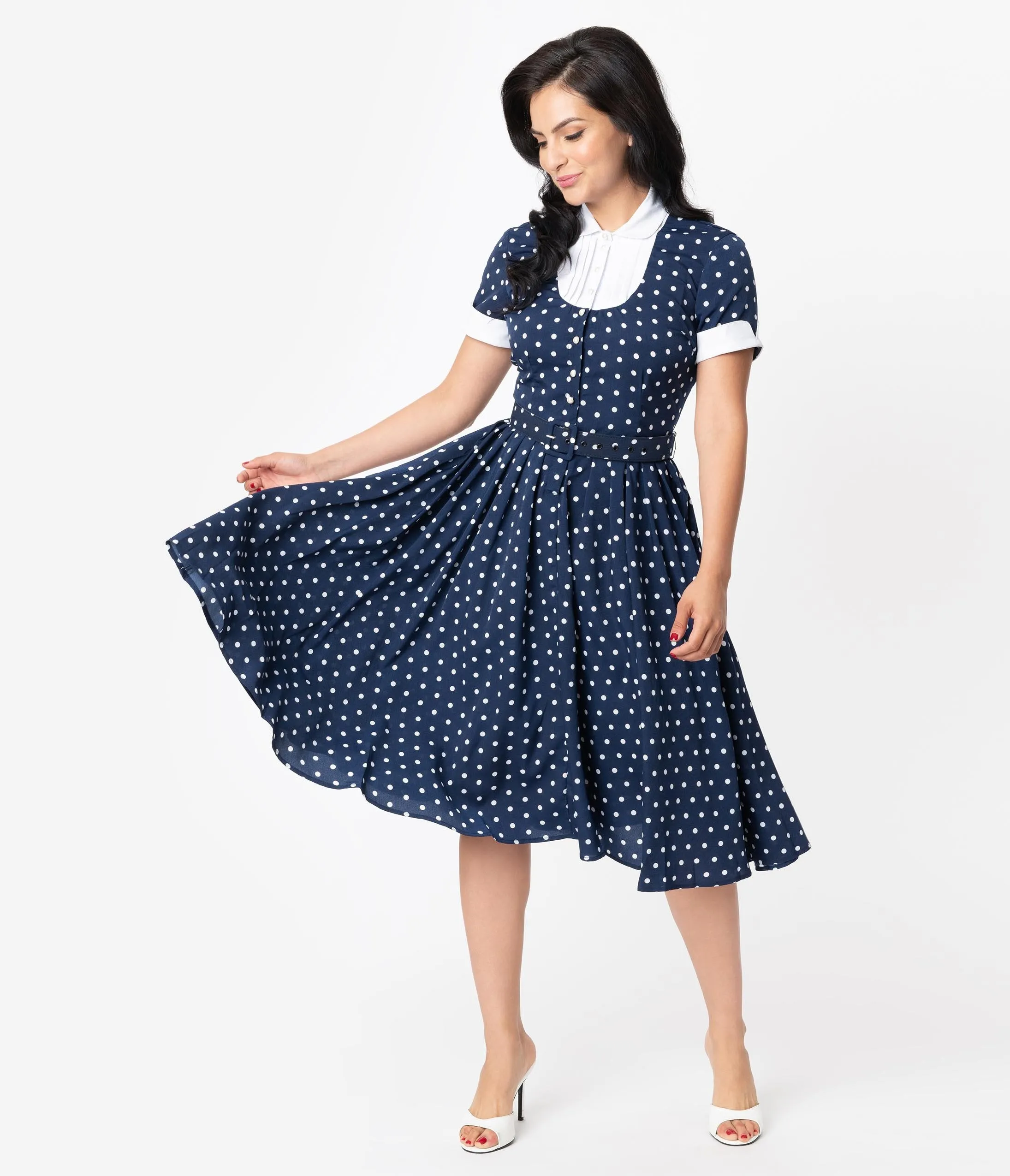 I Love Lucy x Unique Vintage Navy & White Polka Dot Ricardo Swing Dress