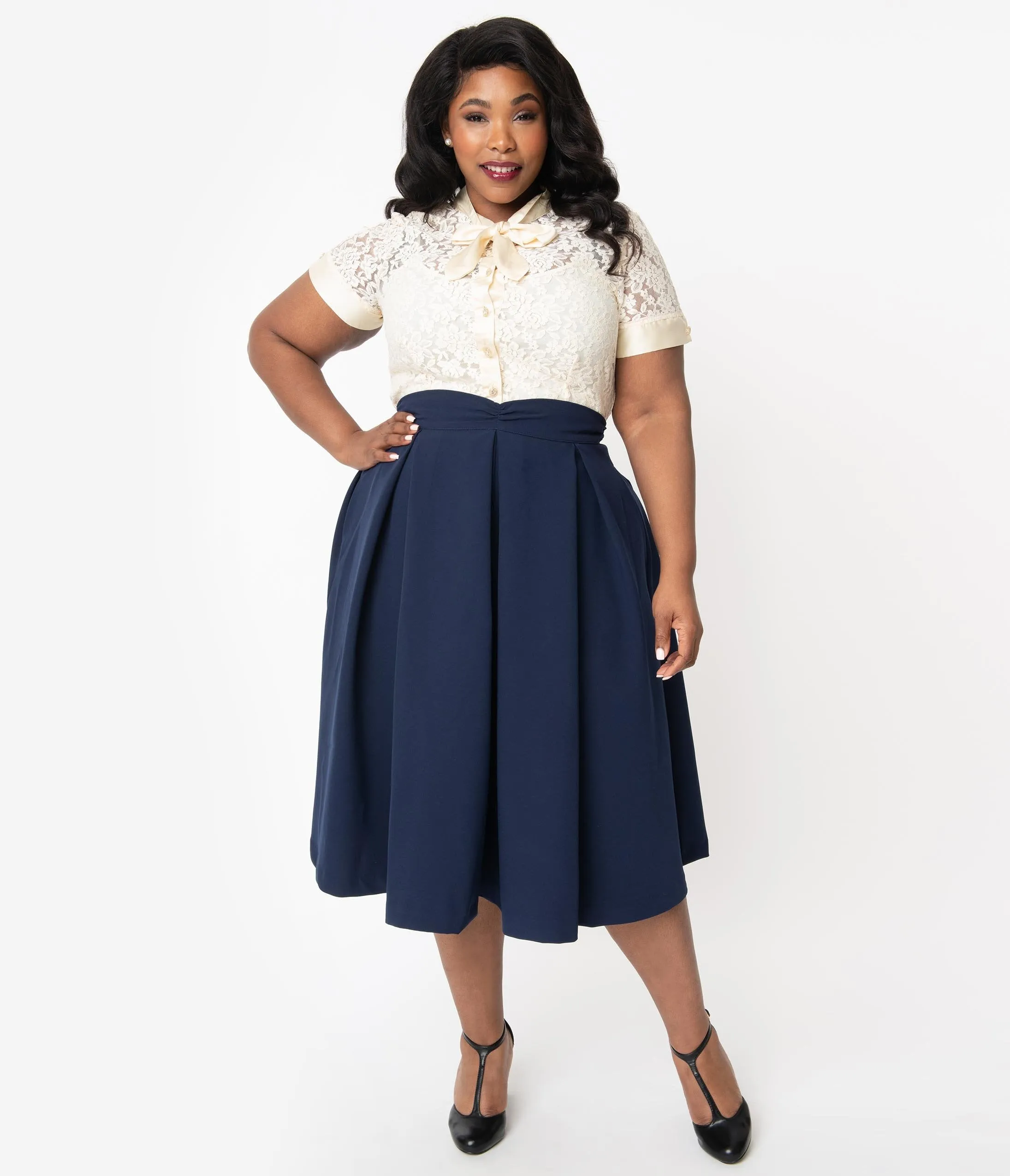 I Love Lucy x Unique Vintage Plus Size Navy Blue Fashion Show Swing Skirt